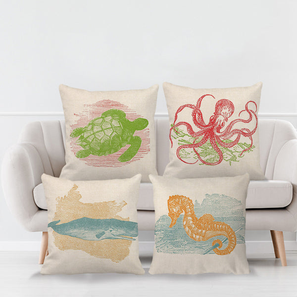 Silhouette Drawing Marine Life Seahorse Whale Octopus Turtle Cushion Cover Square 45cm