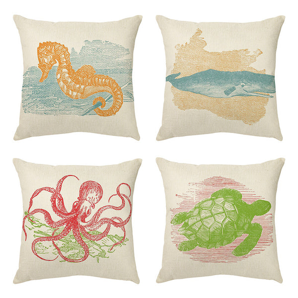 Silhouette Drawing Marine Life Seahorse Whale Octopus Turtle Cushion Cover Square 45cm