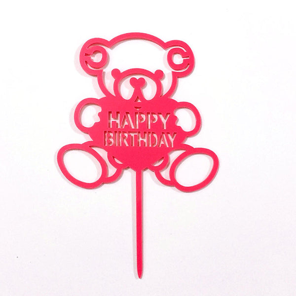 Happy Birthday Bear Heart Love Acrylic Cake Topper Decoration Black Gold Silver Pink