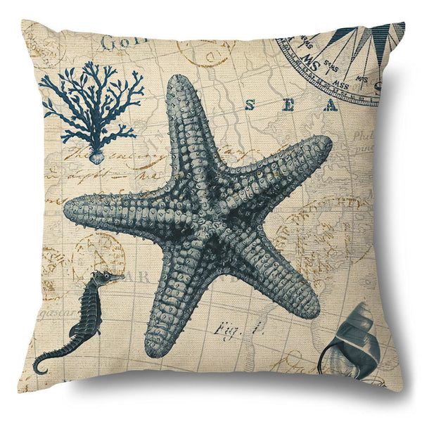 Vintage Retro Style Marine Creature Sealife Turtle Starfish Octopus Cushion Cover Square 45cm