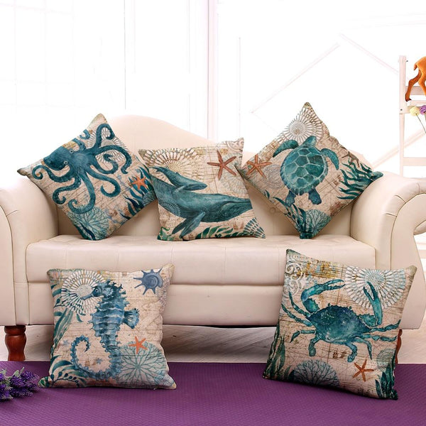 Marine Sea Animal Mermaid Theme Vintage Style Printed Cushion Covers Square 44cm