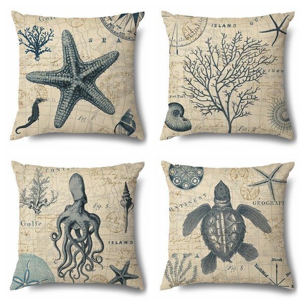Vintage Retro Style Marine Creature Sealife Turtle Starfish Octopus Cushion Cover Square 45cm