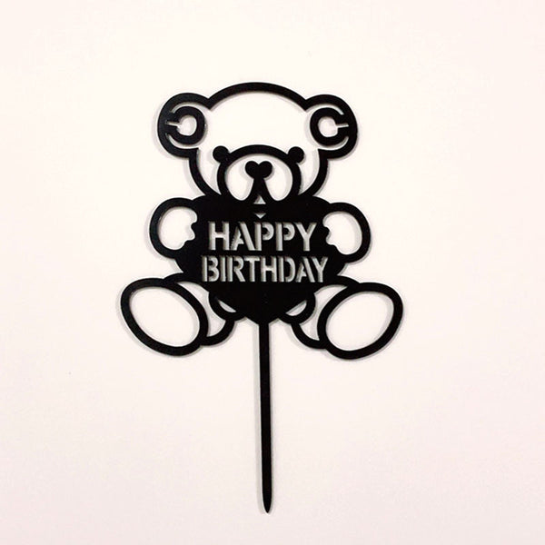 Happy Birthday Bear Heart Love Acrylic Cake Topper Decoration Black Gold Silver Pink