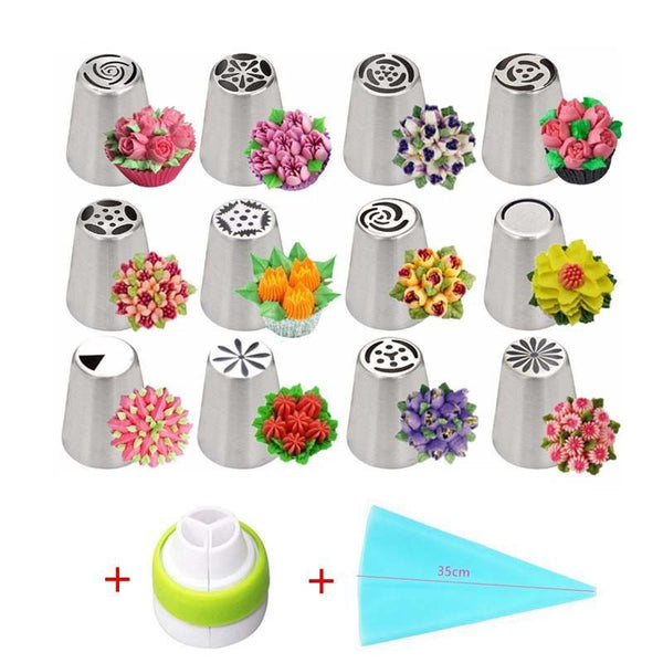 14 Pce Russian Piping Icing Fondant Pastry Nozzles Tips Flower Leaf Bag Cake Decorating
