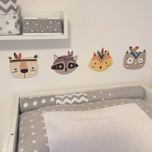 Scandi Nordic Wooden Animal Nursery Decoration Wall Mount Bear Fox Owl Raccoon