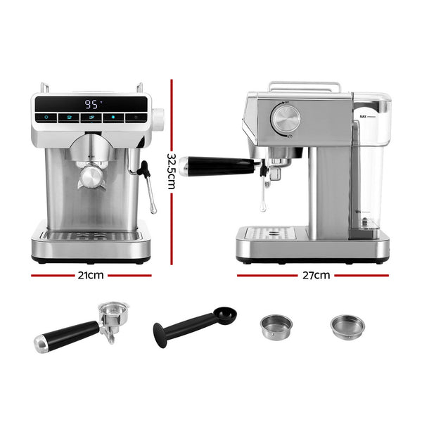 Devanti 20 Bar Coffee Espresso Machine Maker Milk Frother LED Display 1.2L 1360W