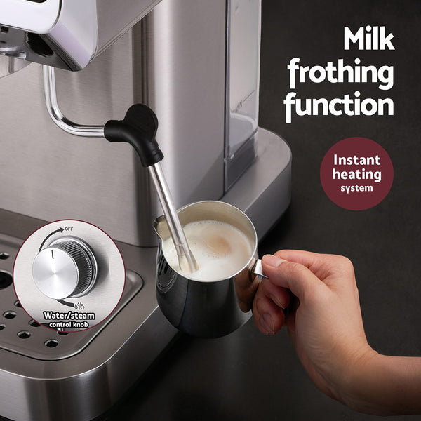 Devanti 20 Bar Coffee Espresso Machine Maker Milk Frother LED Display 1.2L 1360W