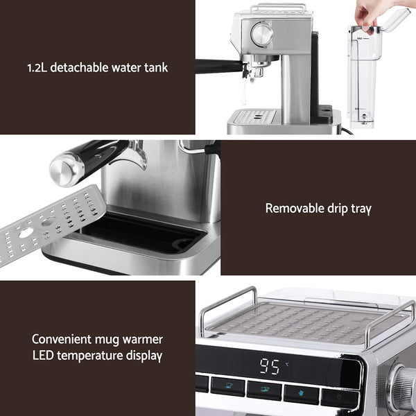 Devanti 20 Bar Coffee Espresso Machine Maker Milk Frother LED Display 1.2L 1360W