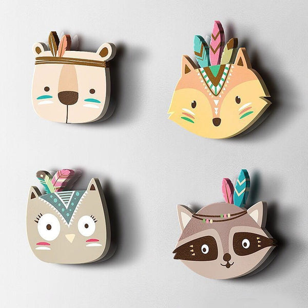 Scandi Nordic Wooden Animal Nursery Decoration Wall Mount Bear Fox Owl Raccoon
