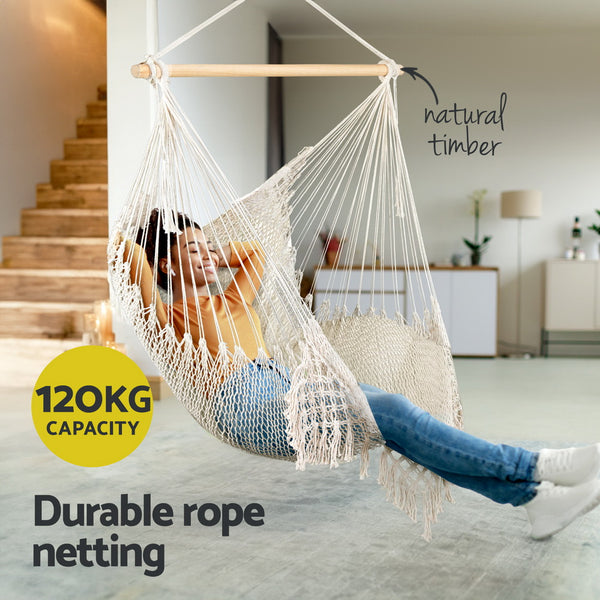 Gardeon Hammock Chair Swing Mesh Indoor Outdoor Cotton Cream