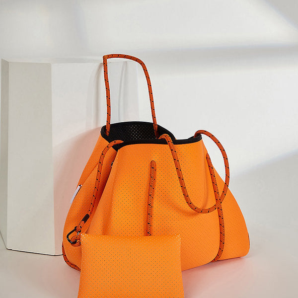 Fabric Tote Shoulder Beach Bag Rope Handle + Pouch Bag Orange