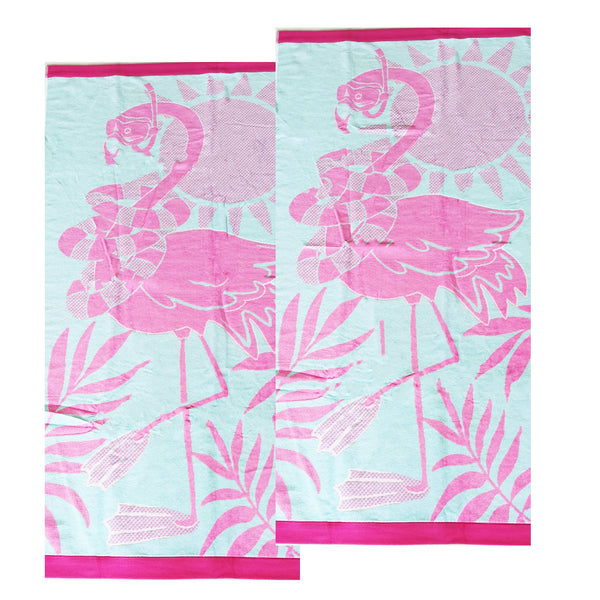 Renee Taylor 2 Pack Jacquard Velour Beach Towel 75 x 150cm Tropical Flamingo
