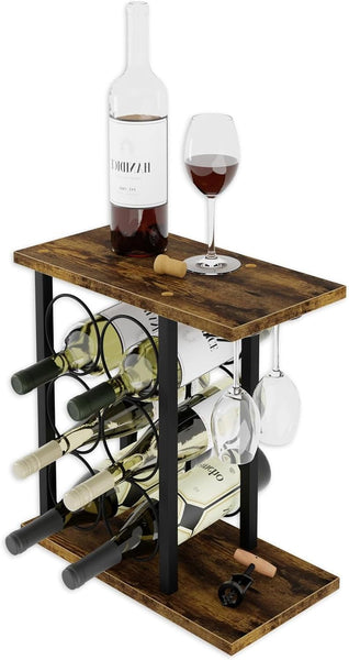 Wine Rack Countertop Wooden Metal Holder For 6 Bottles 2 Glasses