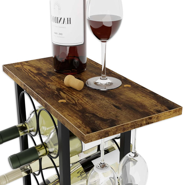 Wine Rack Countertop Wooden Metal Holder For 6 Bottles 2 Glasses