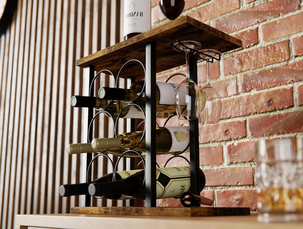 Wine Rack Countertop Wooden Metal Holder For 6 Bottles 2 Glasses