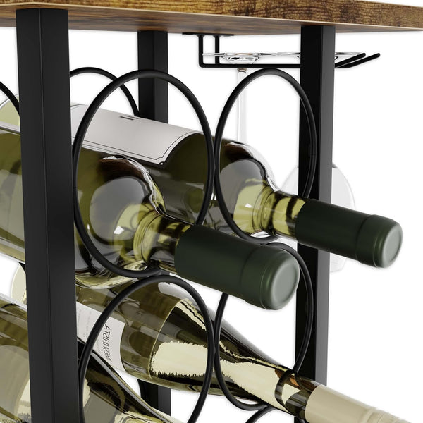Wine Rack Countertop Wooden Metal Holder For 6 Bottles 2 Glasses
