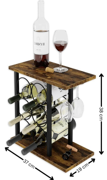 Wine Rack Countertop Wooden Metal Holder For 6 Bottles 2 Glasses