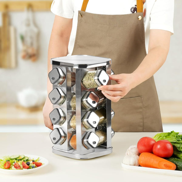 Carla Home Stainless Rotating Spice Rack Organiser 20 Glass Jars Kitchen Countertop