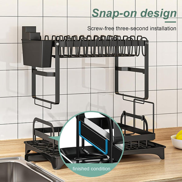 Carla Home 2 Tier Dish Drying Rack Kitchen Drip Tray Utensil Cutlery Holder Black