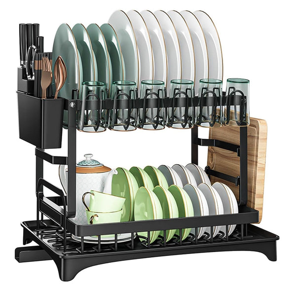 Carla Home 2 Tier Dish Drying Rack Kitchen Drip Tray Utensil Cutlery Holder Black