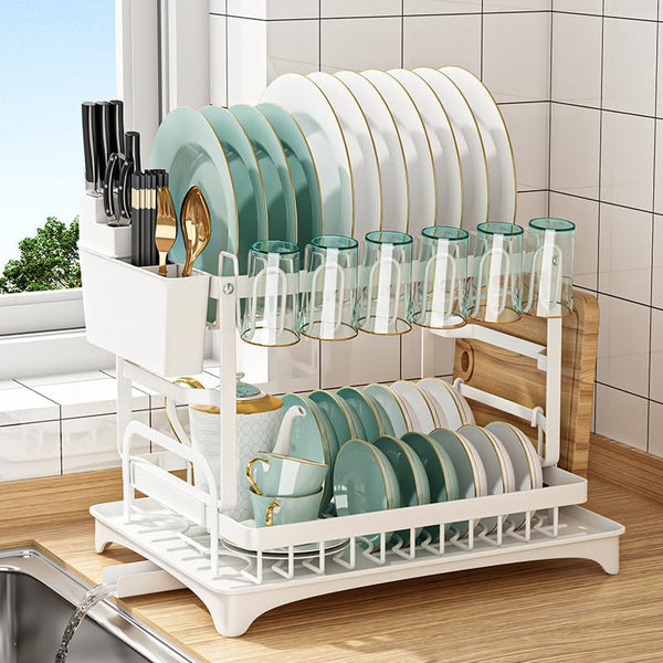 Carla Home 2 Tier Dish Drying Rack Kitchen Drip Tray Utensil Cutlery Holder White