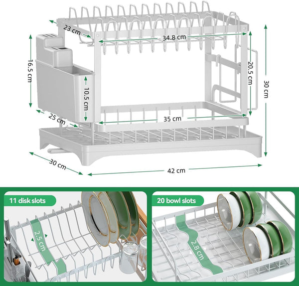Carla Home 2 Tier Dish Drying Rack Kitchen Drip Tray Utensil Cutlery Holder White