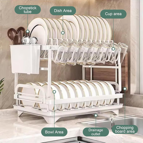 Carla Home 2 Tier Dish Drying Rack Kitchen Drip Tray Utensil Cutlery Holder White