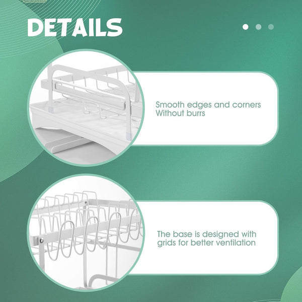 Carla Home 2 Tier Dish Drying Rack Kitchen Drip Tray Utensil Cutlery Holder White