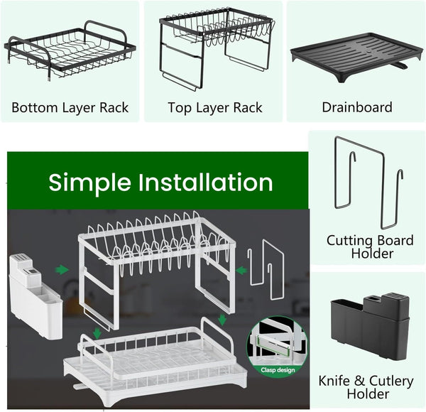 Carla Home 2 Tier Dish Drying Rack Kitchen Drip Tray Utensil Cutlery Holder White