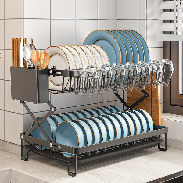 Carla Home 2 Tier Dish Drying Rack Kitchen Drip Tray Utensil Cutlery Holder Black