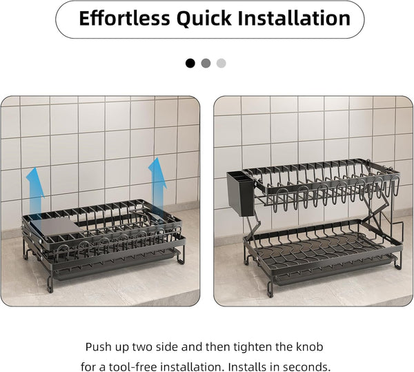 Carla Home 2 Tier Dish Drying Rack Kitchen Drip Tray Utensil Cutlery Holder Black