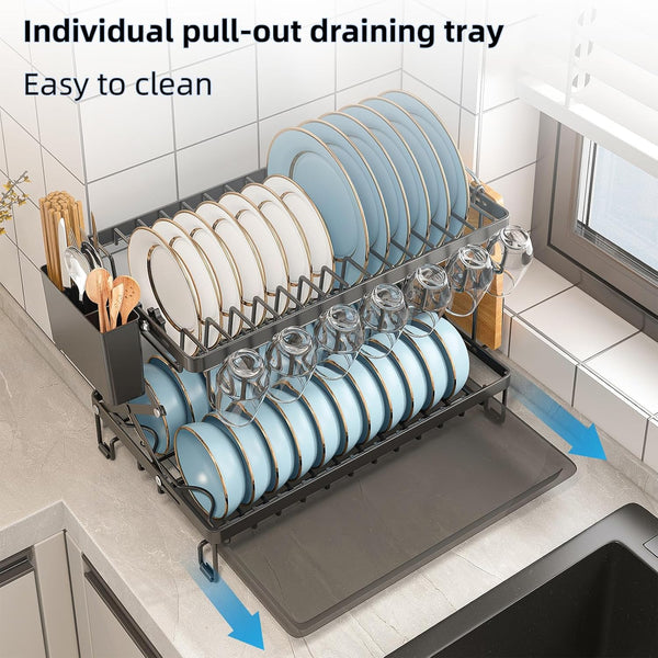 Carla Home 2 Tier Dish Drying Rack Kitchen Drip Tray Utensil Cutlery Holder Black