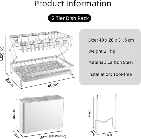 Carla Home 2 Tier Dish Drying Rack Kitchen Drip Tray Utensil Cutlery Holder Black