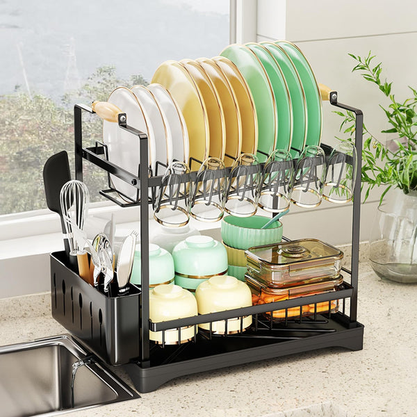 Carla Home 2 Tier Dish Drying Rack Kitchen Drip Tray Drainer Cutlery Holder Black