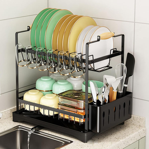 Carla Home 2 Tier Dish Drying Rack Kitchen Drip Tray Drainer Cutlery Holder Black