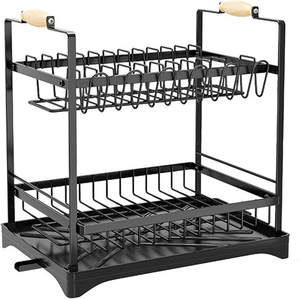 Carla Home 2 Tier Dish Drying Rack Kitchen Drip Tray Drainer Cutlery Holder Black