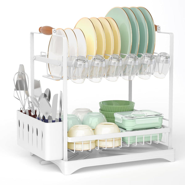 Carla Home 2 Tier Dish Drying Rack Kitchen Drip Tray Drainer Cutlery Holder White