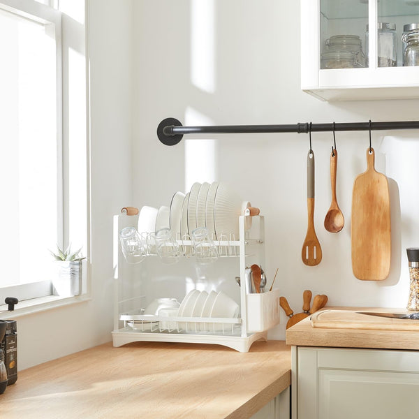 Carla Home 2 Tier Dish Drying Rack Kitchen Drip Tray Drainer Cutlery Holder White