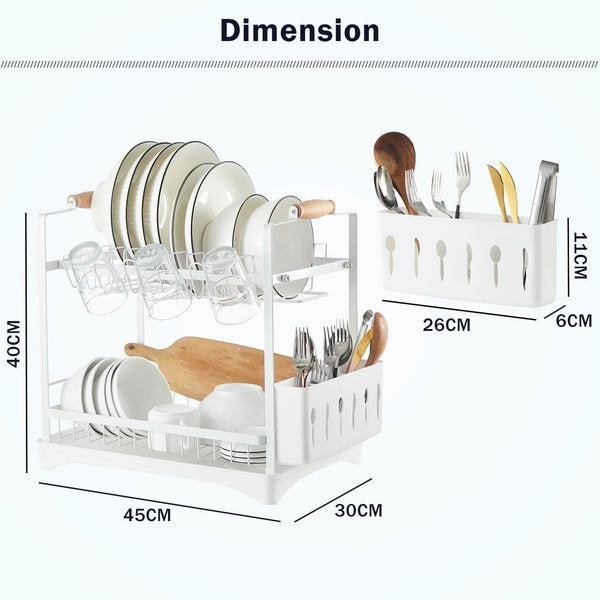 Carla Home 2 Tier Dish Drying Rack Kitchen Drip Tray Drainer Cutlery Holder White