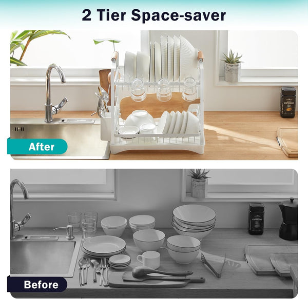 Carla Home 2 Tier Dish Drying Rack Kitchen Drip Tray Drainer Cutlery Holder White