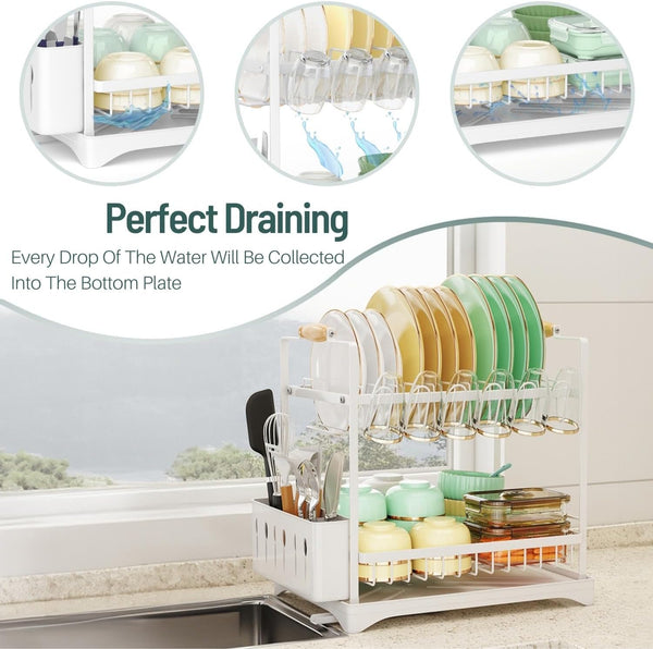 Carla Home 2 Tier Dish Drying Rack Kitchen Drip Tray Drainer Cutlery Holder White