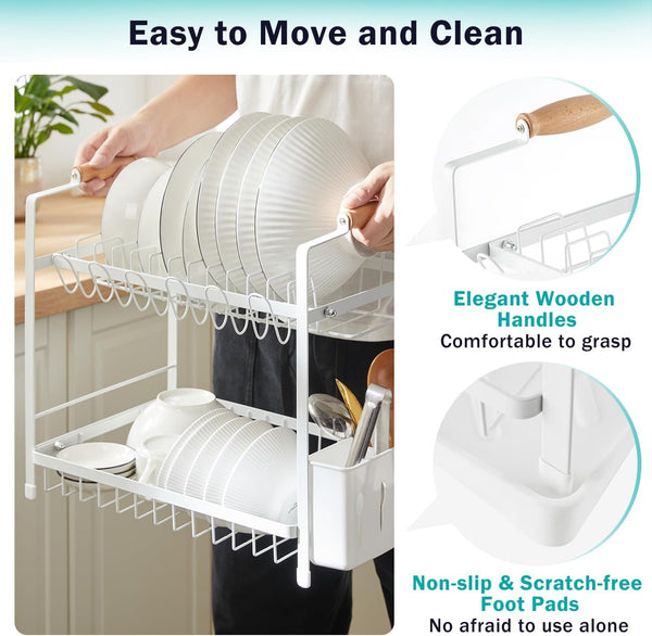 Carla Home 2 Tier Dish Drying Rack Kitchen Drip Tray Drainer Cutlery Holder White