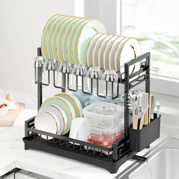 Carla Home 2 Tier Dish Drying Rack Kitchen Drip Tray Drainer Cutlery Holder Black