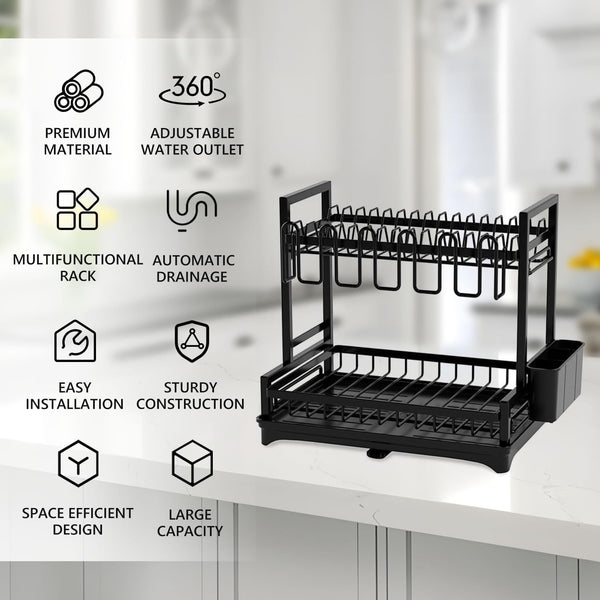 Carla Home 2 Tier Dish Drying Rack Kitchen Drip Tray Drainer Cutlery Holder Black