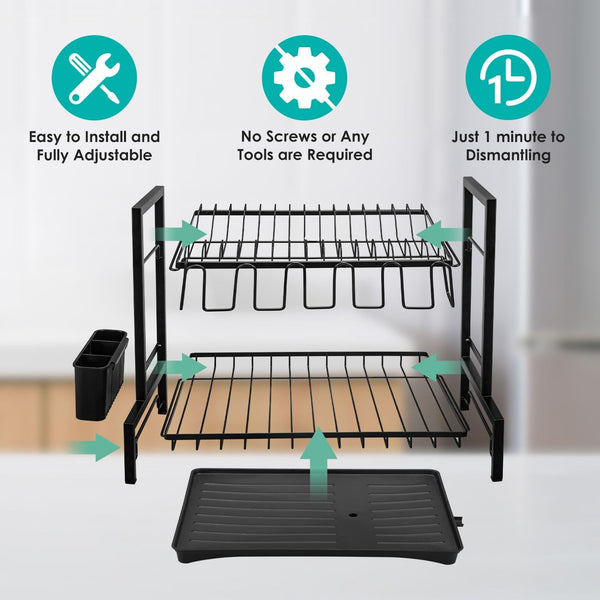 Carla Home 2 Tier Dish Drying Rack Kitchen Drip Tray Drainer Cutlery Holder Black