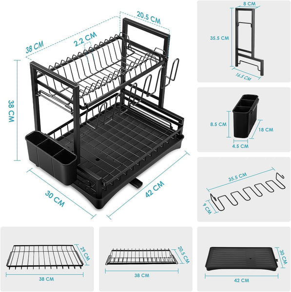 Carla Home 2 Tier Dish Drying Rack Kitchen Drip Tray Drainer Cutlery Holder Black