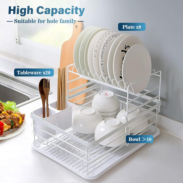 Carla Home 2 Tier Dish Drying Rack Kitchen Drip Tray Utensil Cutlery Holder White