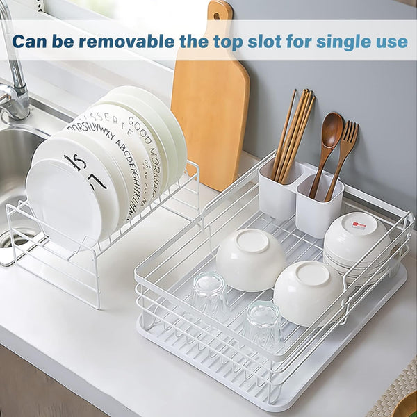 Carla Home 2 Tier Dish Drying Rack Kitchen Drip Tray Utensil Cutlery Holder White