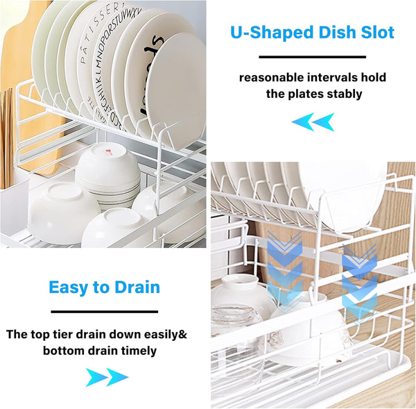 Carla Home 2 Tier Dish Drying Rack Kitchen Drip Tray Utensil Cutlery Holder White