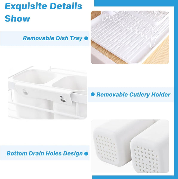 Carla Home 2 Tier Dish Drying Rack Kitchen Drip Tray Utensil Cutlery Holder White